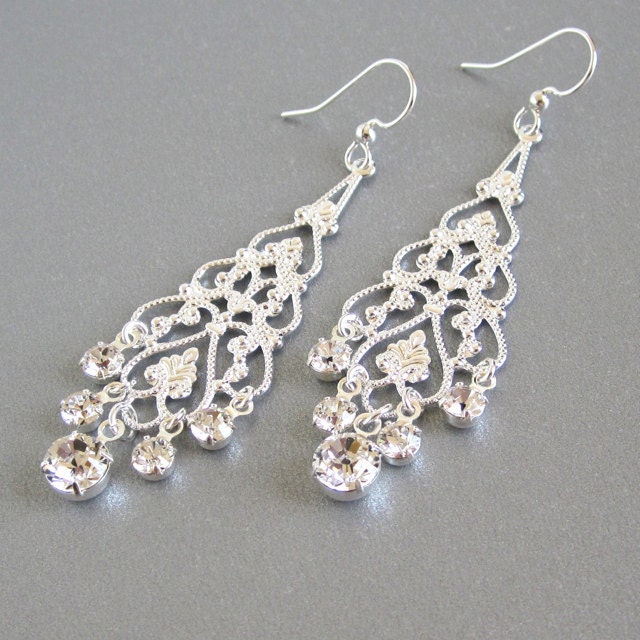 Bridal rhinestone chandelier earrings silver filigree