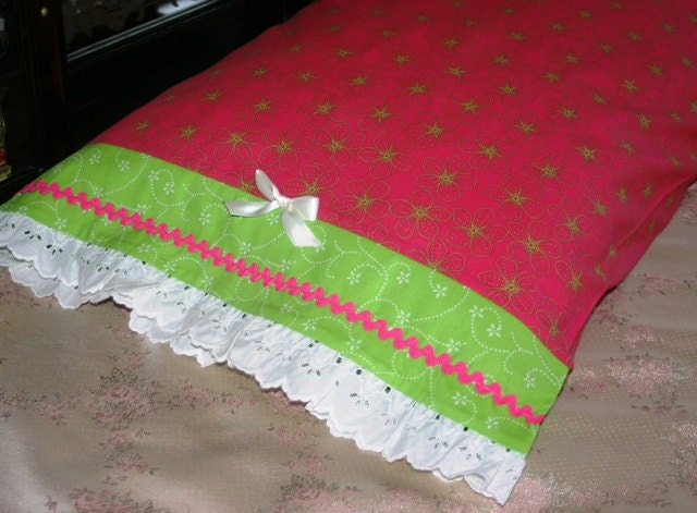 Pair of COTTON PILLOWCASES, fits Reg/Queen Size pillows, Quality Handmade, Hot Pink, Green, White Eyelet, Make a Pillowcase Dress
