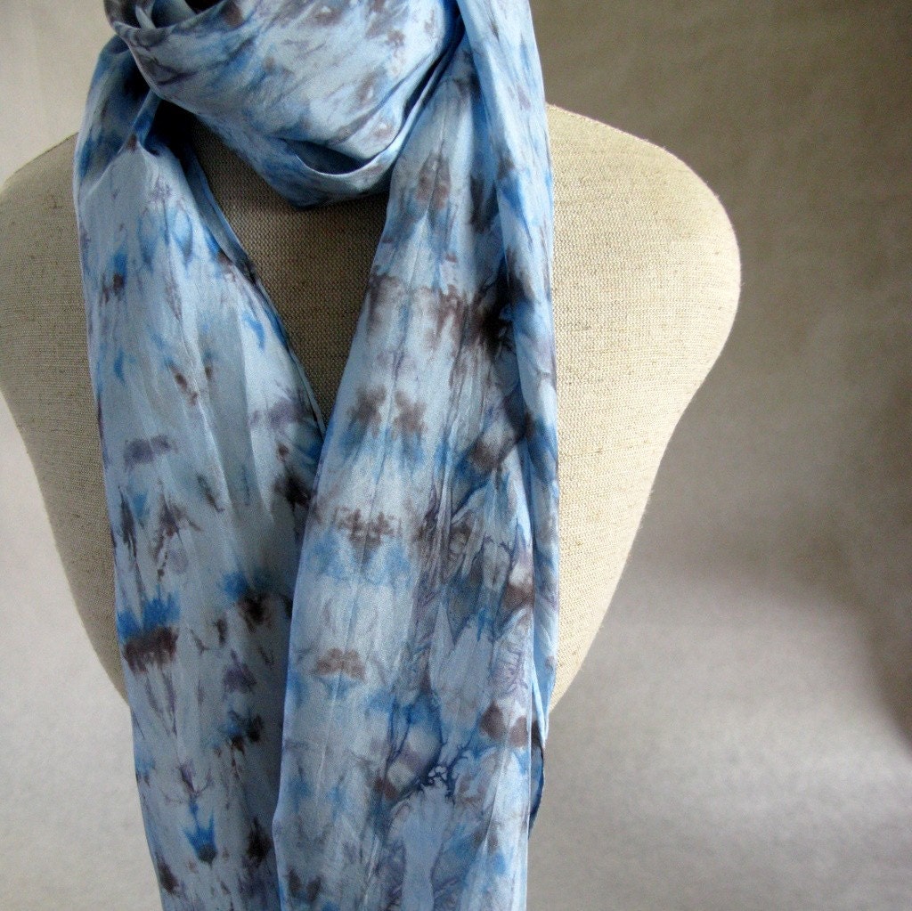 Shibori Habotai Silk Scarf (Light Blue, Dark Blue, Grey)