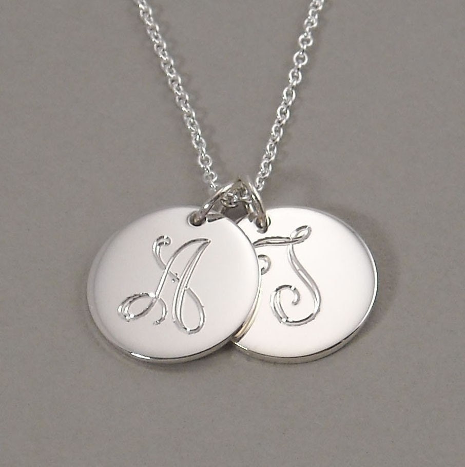 Initial pendant necklace personalized sterling silver engraved letter monograms on two (2) 1/2 inch round circle charms- 2 UDLS
