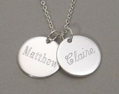 Engraved personalized name or word pendant necklace with two (2) sterling silver 1/2 inch round circle disc charms- MIX 2 SSLCS/UDLCEN