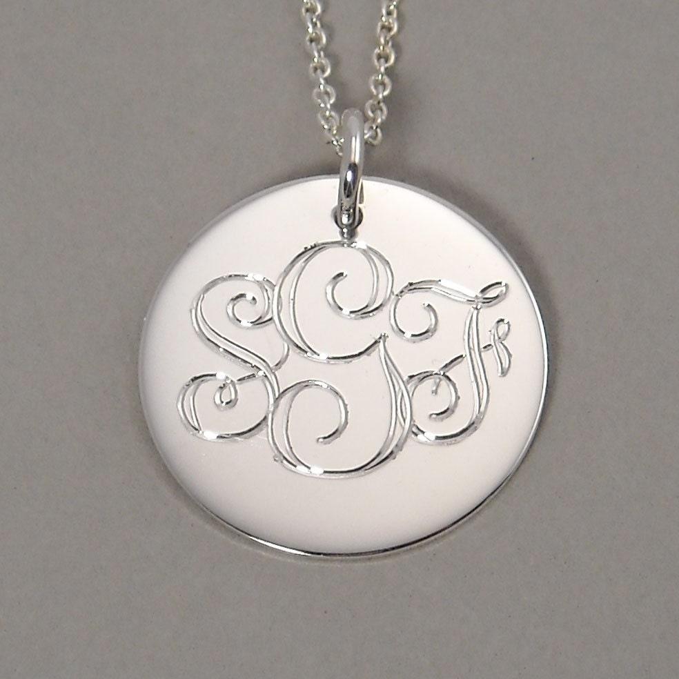 Personalized triple letter pendant necklace monogram sterling silver 3/4 inch round circle disc charm UDLOS