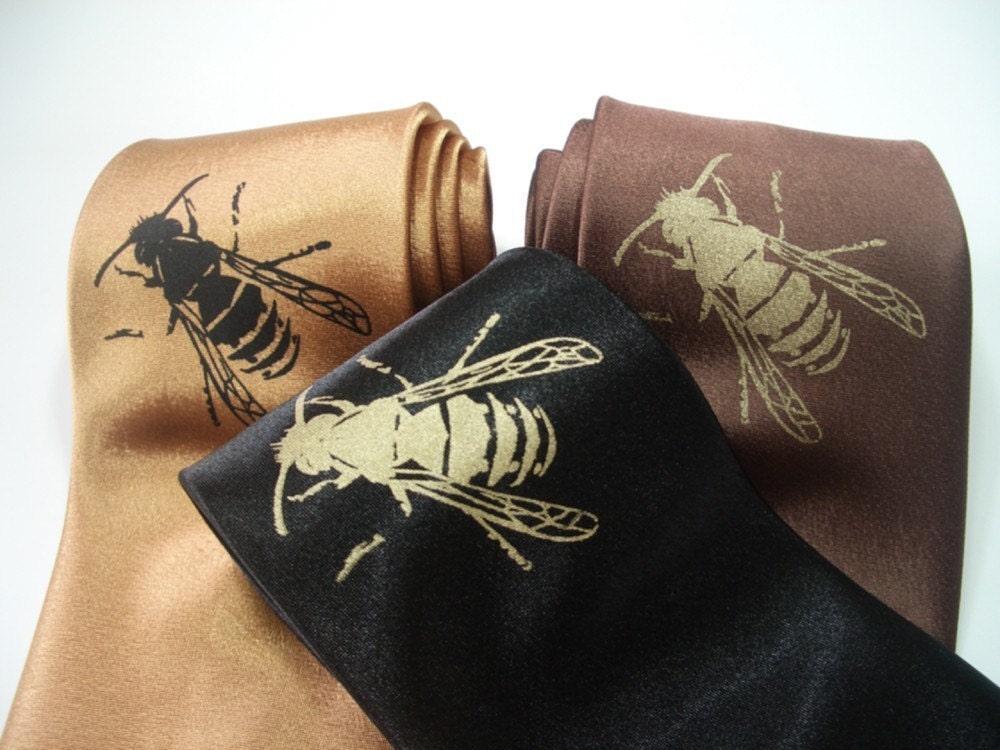 Mens Necktie - Honey Bee Tie - hand screened mens silk necktie - in three tie color choices