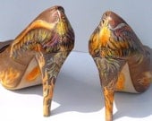 custom order, hand painted, womens shoes, high heel pumps, phoenix rising theme