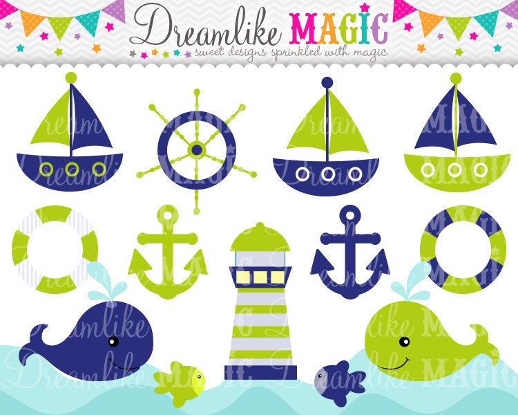 Lime Green and Navy Nautical Clipart- Clipart for Personal or Commercial Use