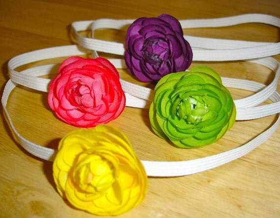 Baby Flower Headband Collection-Sale on this set- for Baby Girls-Sweet Mini Ranunculus Blooms on thin white elastic headbands