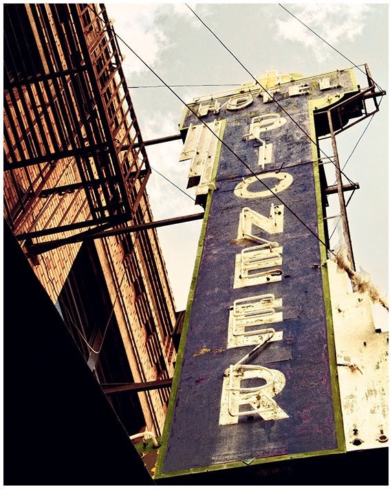 Pioneer 8x10 - Neon Sign Photograph - Retro Hotel Sign Photo - Travel Photography - Old West Wyoming Photo - Western Art