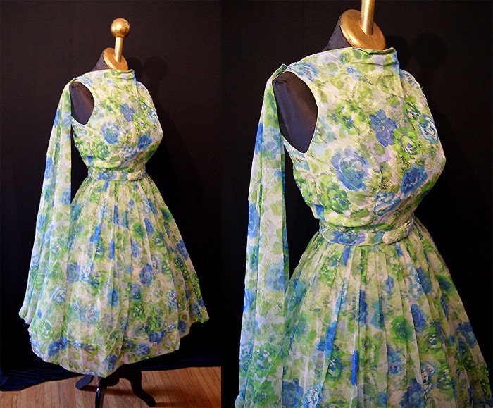 Chic 1950's blue & green chiffon floral print new look party prom dress w/ attached shawl spring summer pin up - size Extra Small