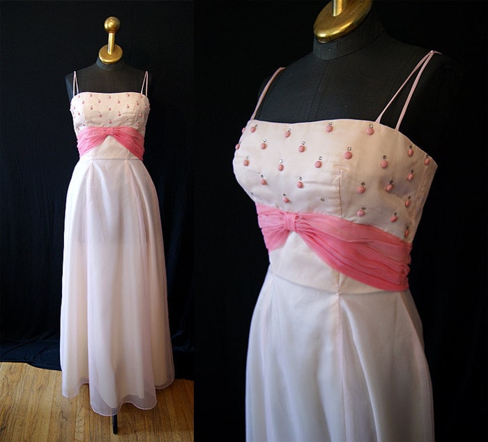 Lovely 1950s Designer Emma Domb pink chiffon with rhinestones formal prom  wedding evening gown vlv summer - size Small