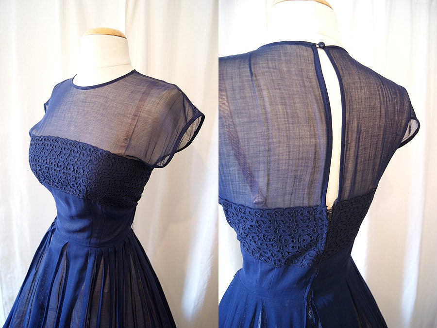 Gorgeous 1950's sheer midnight blue cotton voile and lace new look dress by R & K originals rockabilly classic pin up girl - size Medium