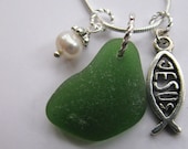 Jesus Charm Jewelry - Beach Glass Pendant - Green Sea Glass