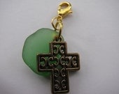 Sea Glass Cross Charm - Cell Phone / Zipper Pull / Bracelet / Pendant Charm