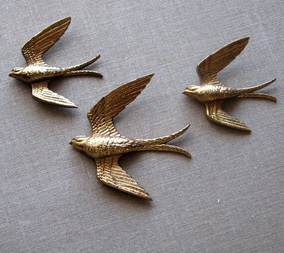 Golden Swallows Bird Wall Art Vintage Burwood Bird Hangings by flabbyrabbit