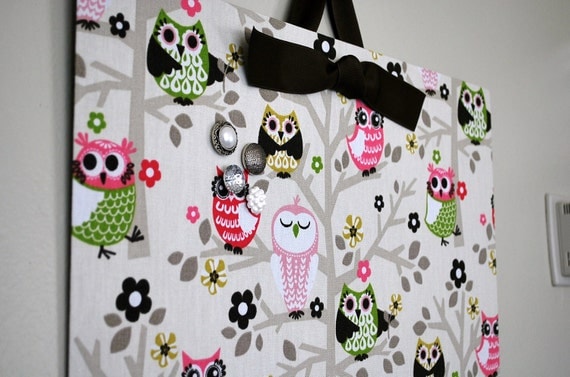 Fabric Covered Magnet Board (18" x 12") Owls in Trees