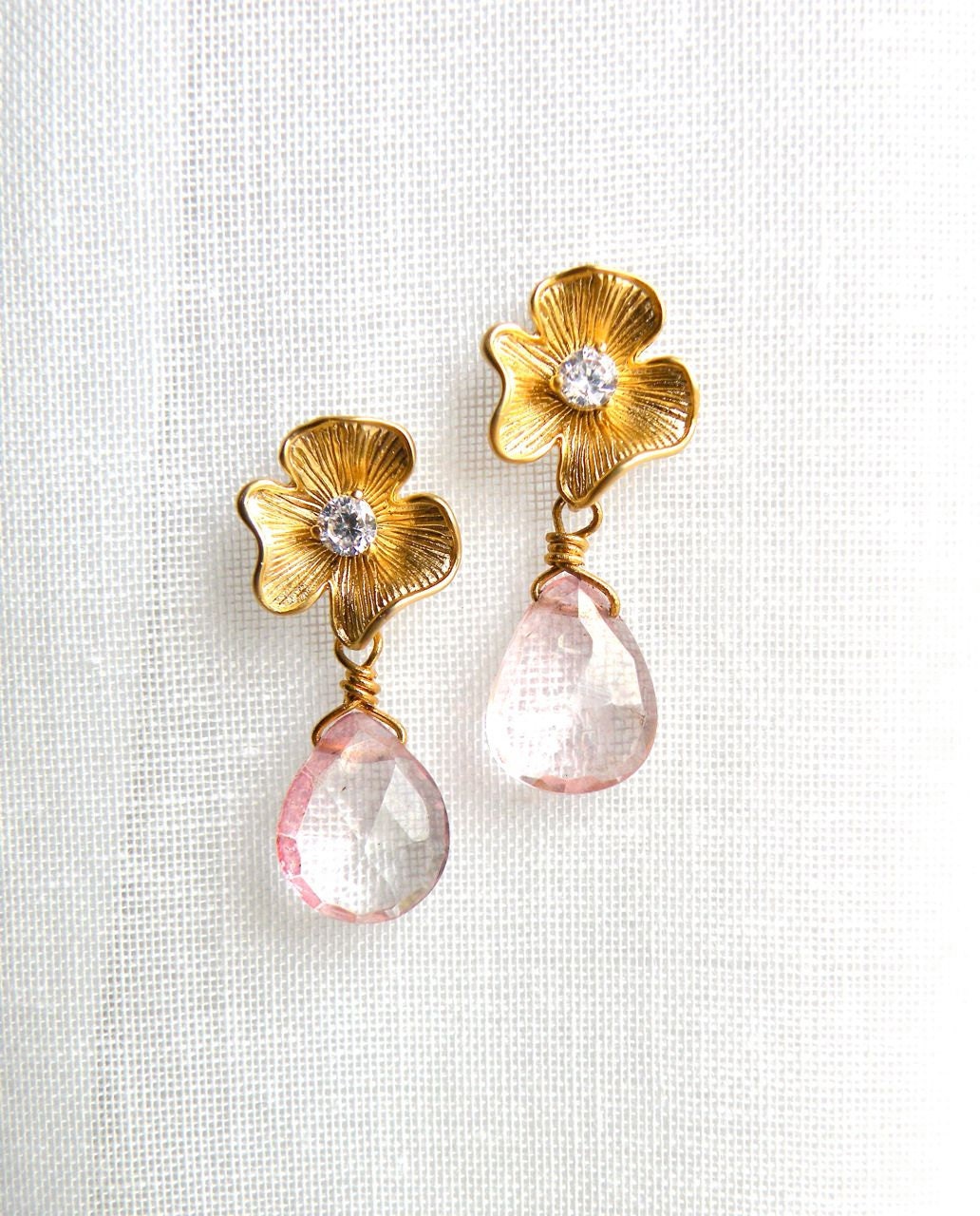 Free Shipping- AAA Pink Mystic Quartz-Gold Flower- CZ Earrings (Sterling Silver Post)