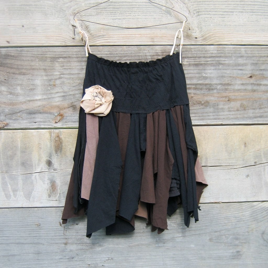made to order - Funky Eco Tattered Black and Brown Fairy Pixie Mini Skirt