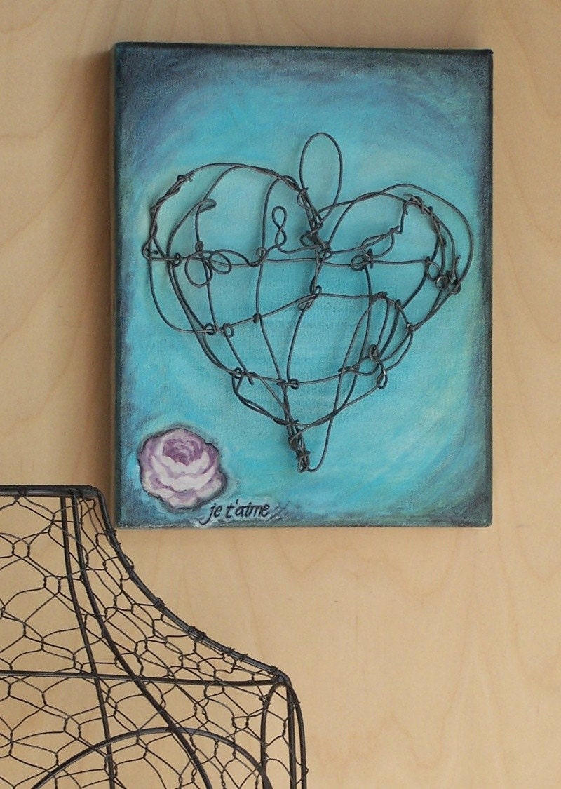 Sale - Je t'aime Wire Heart Painting - 8x10 Gallery Canvas