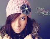 SUMMER SALE -- Ready to Ship -- Womens Light Pink Cable Knit Hat with Grey Felt Flower Clip