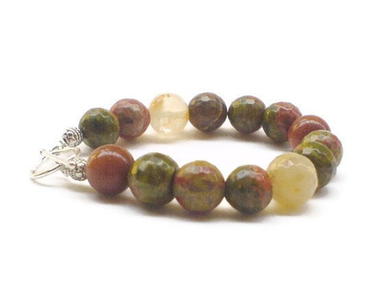 Unakite bracelet with Goldstone and Jade faceted beads