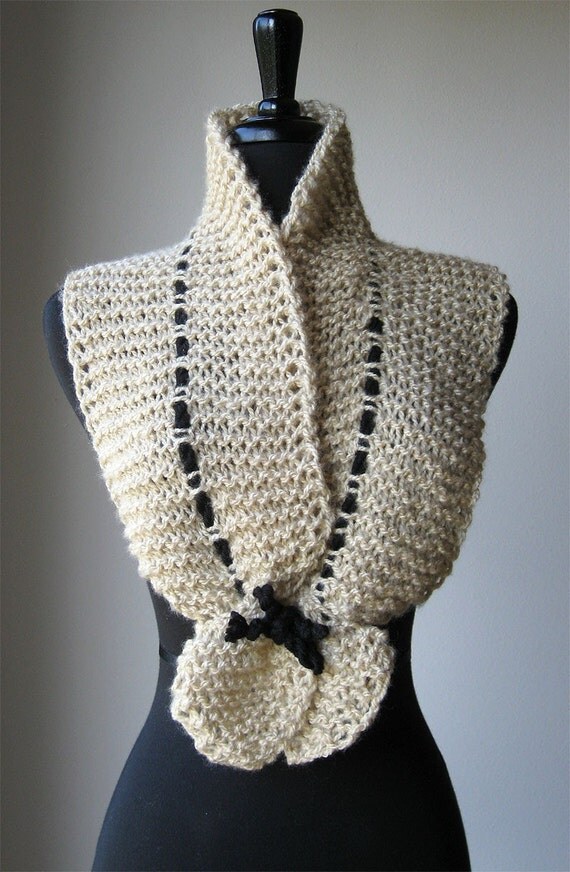 Golden Beige Color Handknitted Scarf Collar Necklet Scarflette with Black Cord