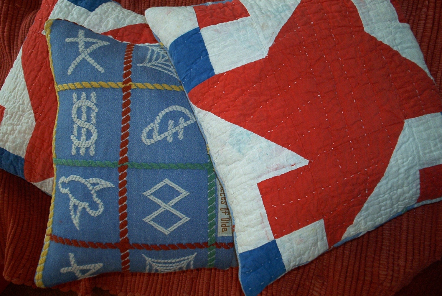 Red White Blue Pillow Vintage Quilt Camp Blanket Cabin Adirondack Pillow Gift