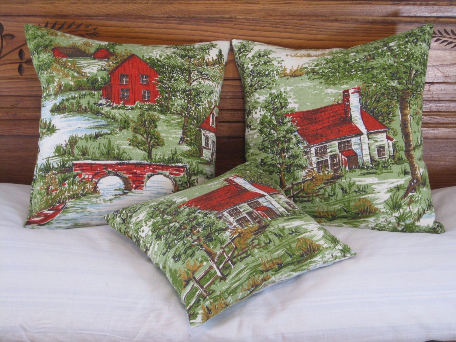 Pillow Bark Cloth Cottage Country Red Green Vintage Barkcloth NEW Feather Pillow