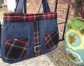 SALE, Denim Handbag, School Bag, Everyday Casual Purse, Denim and Wool Shoulder Bag