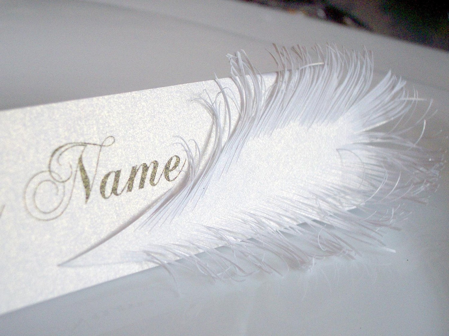 place card with feather handcuted of paper