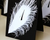 Table Markers / Table Tents / Black and White Wedding table numbers with feather Iridescent white Tent Style