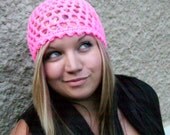 Crochet  Peek A Boo Beanie -Shocking Pink READY TO SHIP