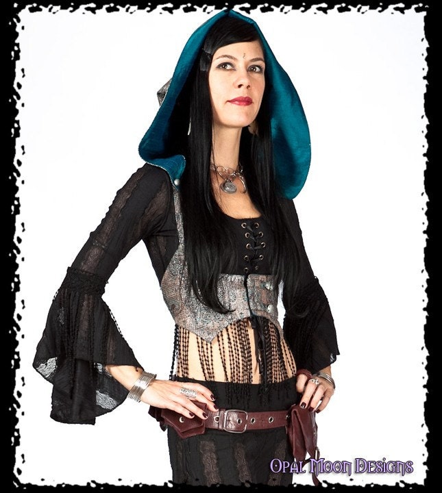The Rhiannon/Lady of the Lake Tapestry Tribal Fusion Underbust Vest/Harness w/DETACHABLE Hood by Opal Moon Designs (Size M, or XL)