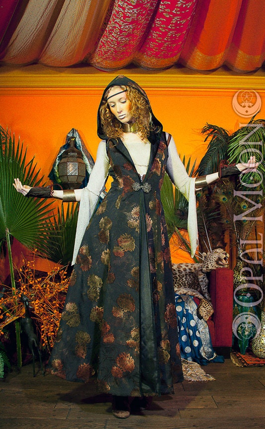 The REVERSIBLE Opera Vest/Hooded Cloak in Autumn (Brown/Black/Green) w/ Black Lining Sizes S