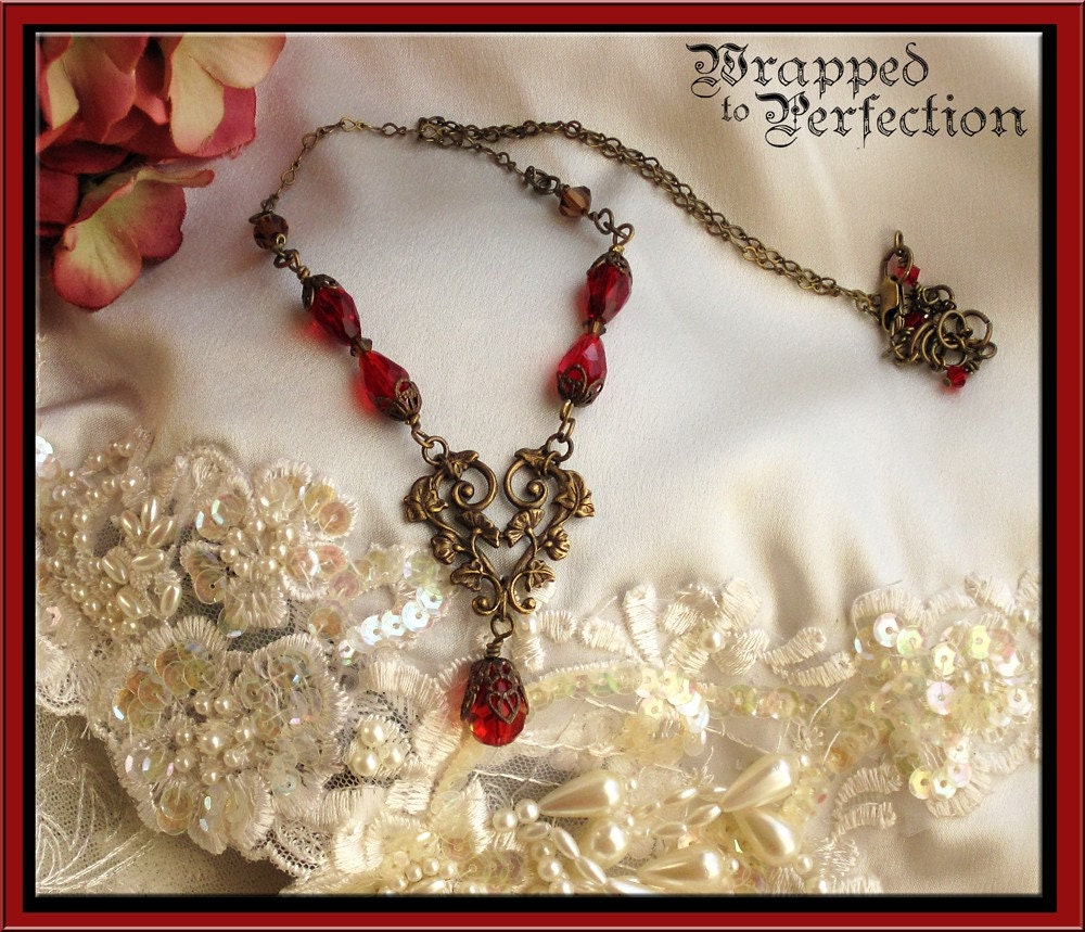 Red Antique Brass Necklace / Neo Victorian / Romantic / Renaissance / Downton Abbey / Swarovski Crystal / Heart / Red Topaz