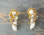 Vintage 1950's Milkglass and Rhinestone Earrings