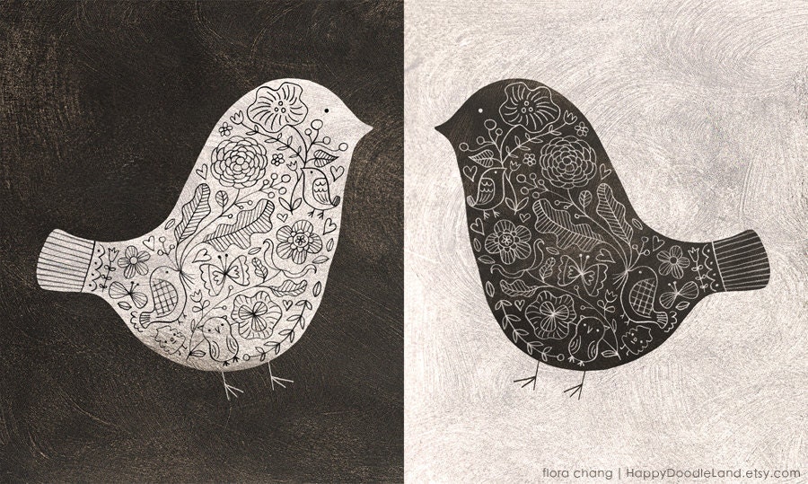 Black and White Floral Birds - Art Print