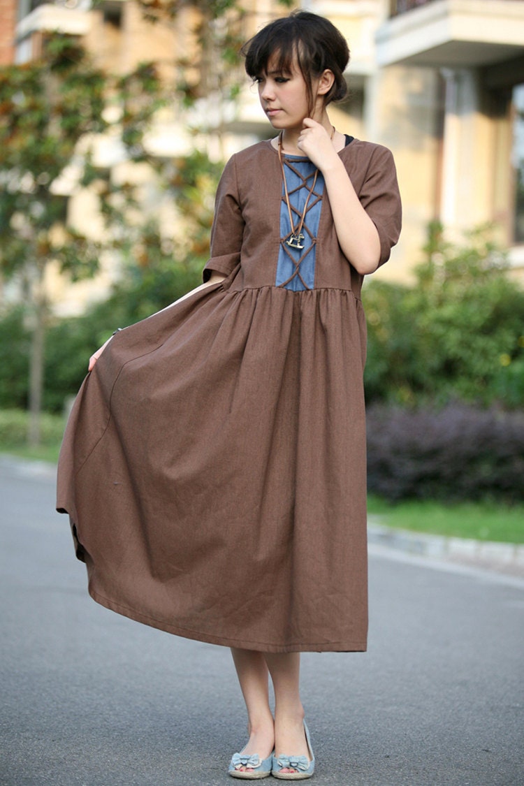 Boho style linen brown long sundress(more colour and size choice)-E19