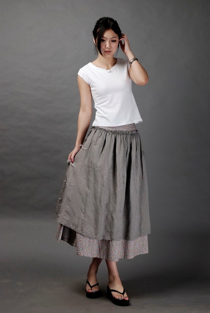 Floral design linen grey skirt(more colour and size choice)