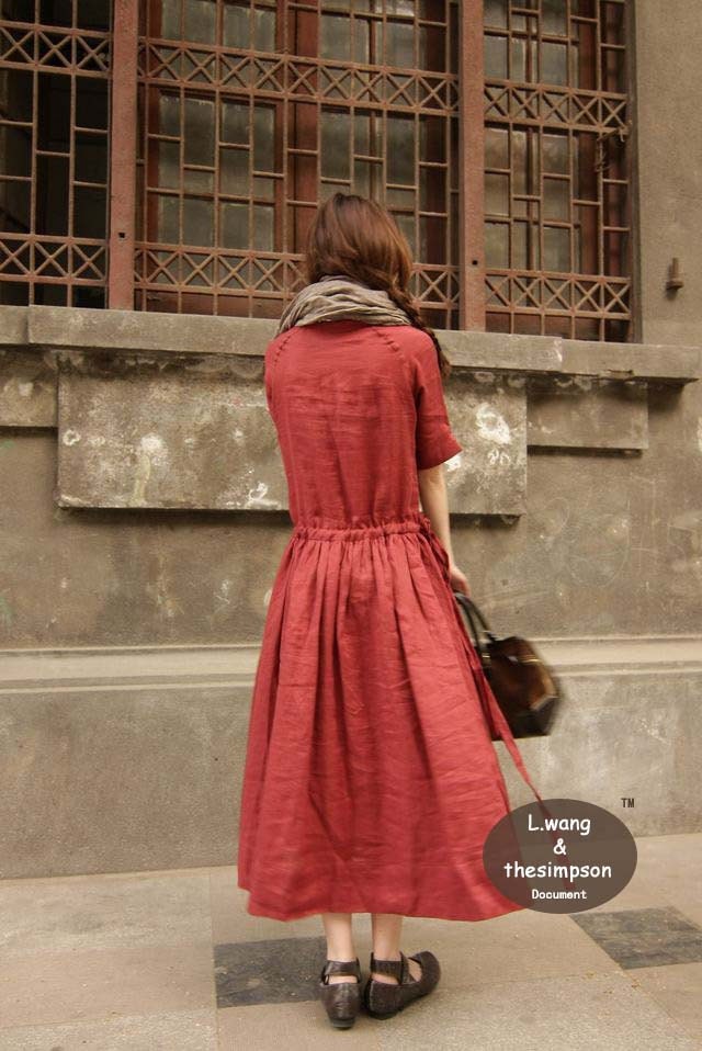 red fraction - Red linen long dress(more colour and size choice)-X7