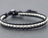 Leather Silver Beaded Bracelet