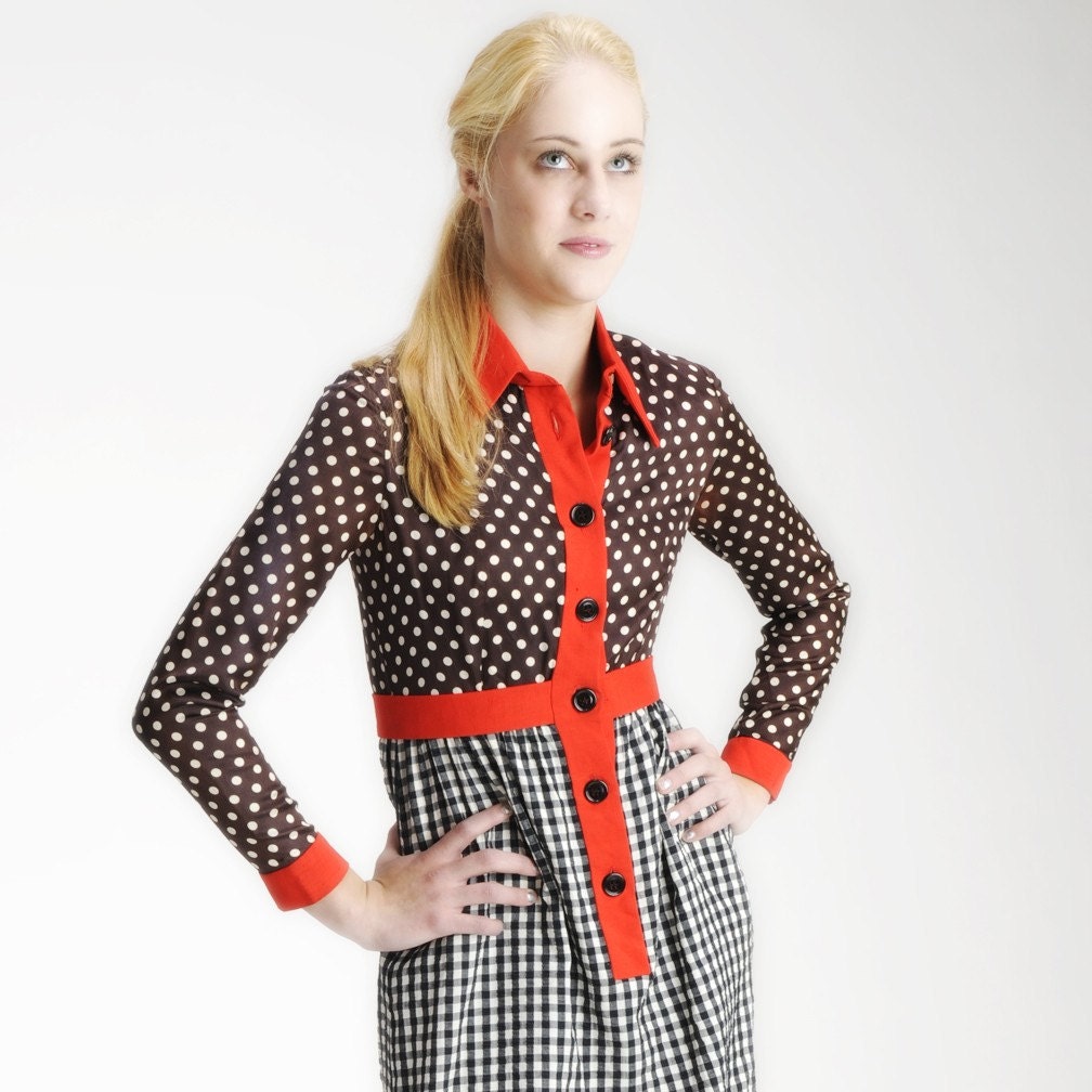 Vintage 1960s EITHER OR Plaid Polkadot Dress XS