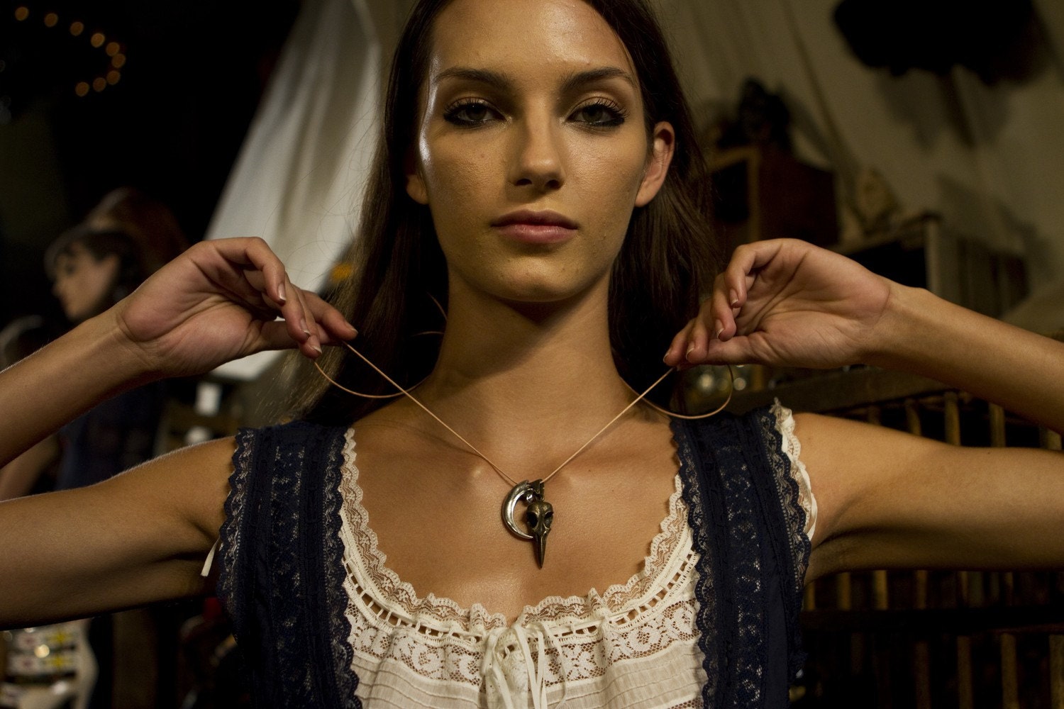 Little Black Raven Skull Necklace, 24" black chain