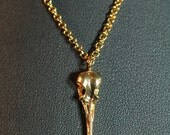Gold-Plated-Sterling Life-Size Hummingbird Skull Necklace (antique finish, 18" chain) Made in NYC