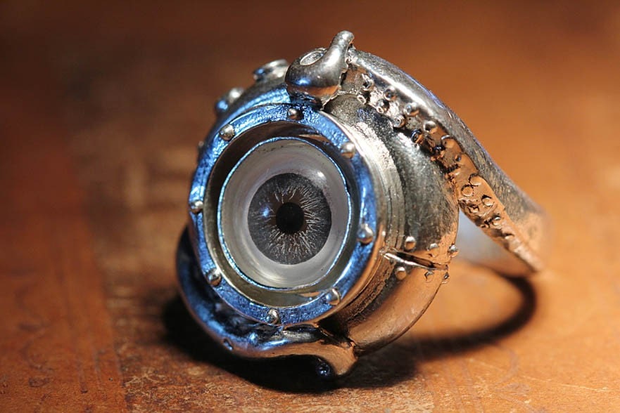 Evil Eye Sterling Tentacle Ring, Blue Human Eye, (made in NYC) sizes 4-11