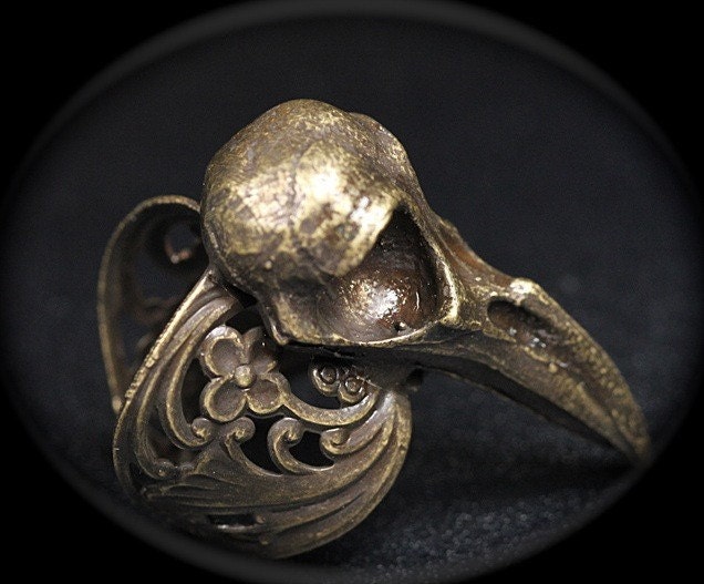 Raven Skull Ring sizes 4 to 11 Antique Bronze Plated Cast in NYC Blue Bayer