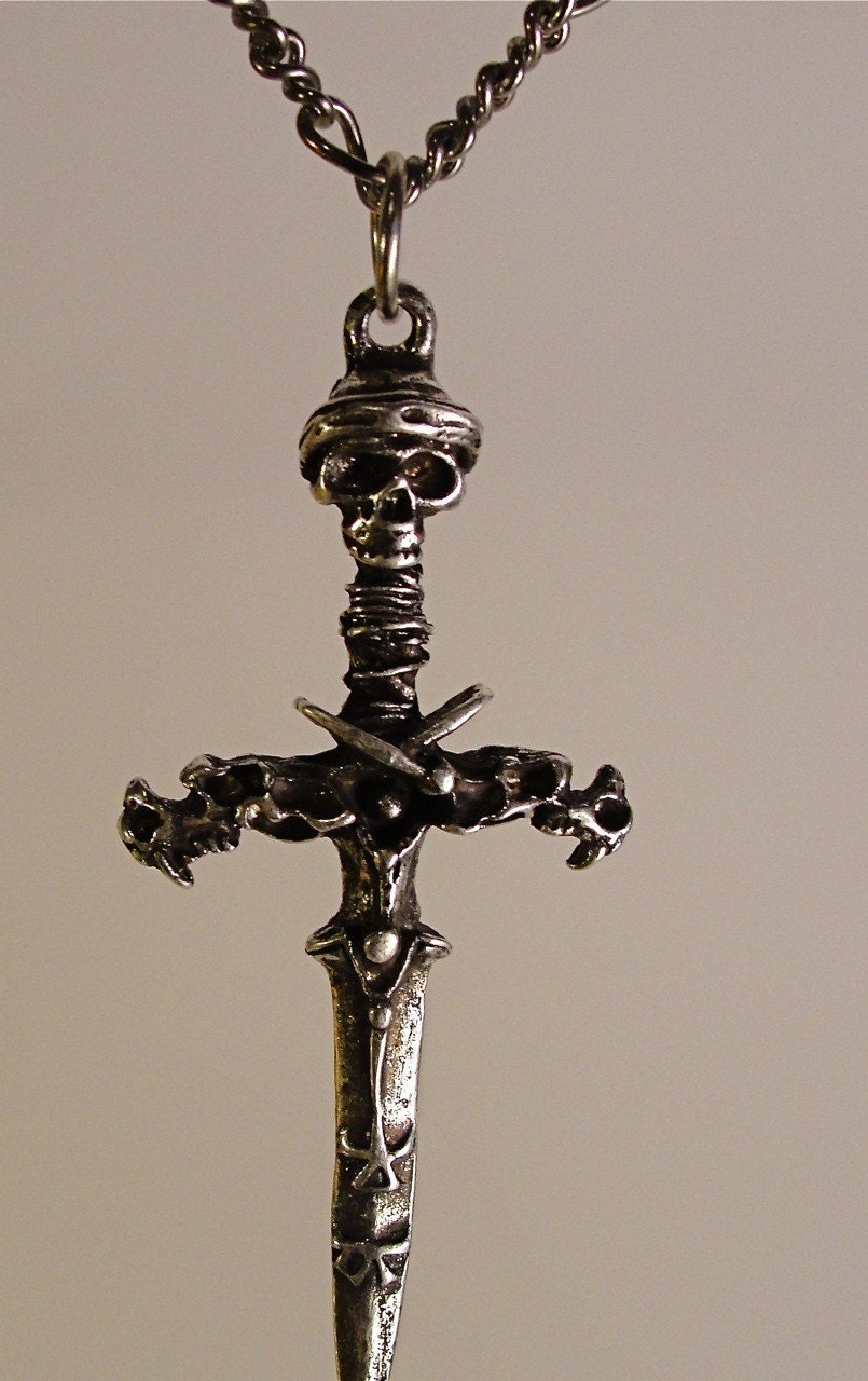 Skull and bones dragon Pirate sword pendant on 18 inch matching chain