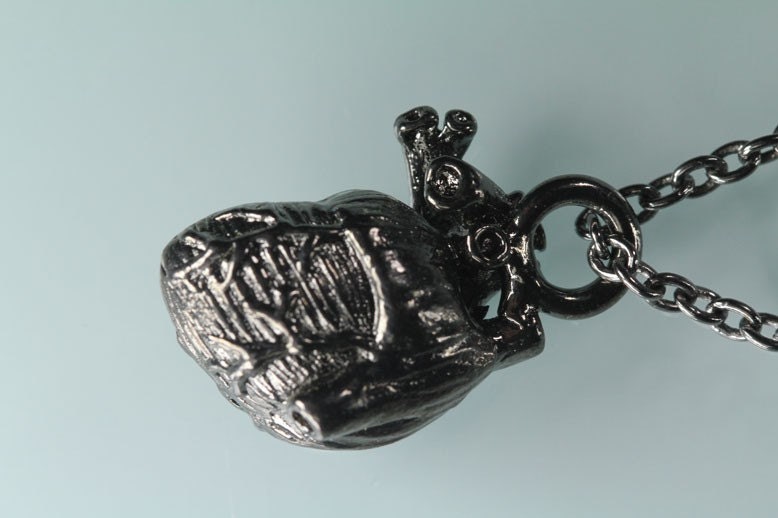 Little Black Anatomical Heart Necklace (Plated in jet-black gunmetal, 18" black chain, Made in NYC)