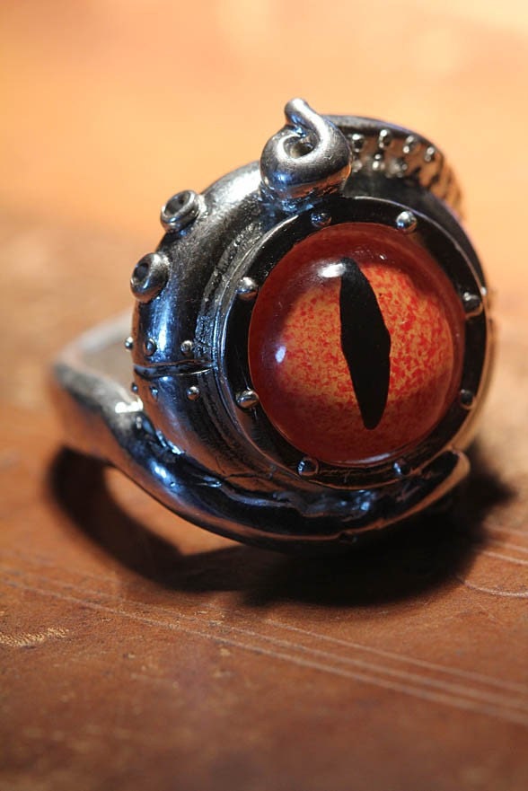 Evil Eye Sterling Tentacle Ring, Orange Dragon Eye (made in NYC) sizes 4-11
