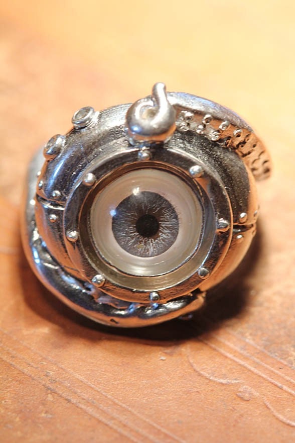 Evil Eye Sterling Tentacle Ring, Blue Human Eye, (made in NYC) sizes 4-11