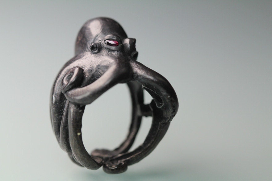 Octopus ring Sterling black silver red ruby eyes sized 7 to 11 original design carved cast and finished in NYC