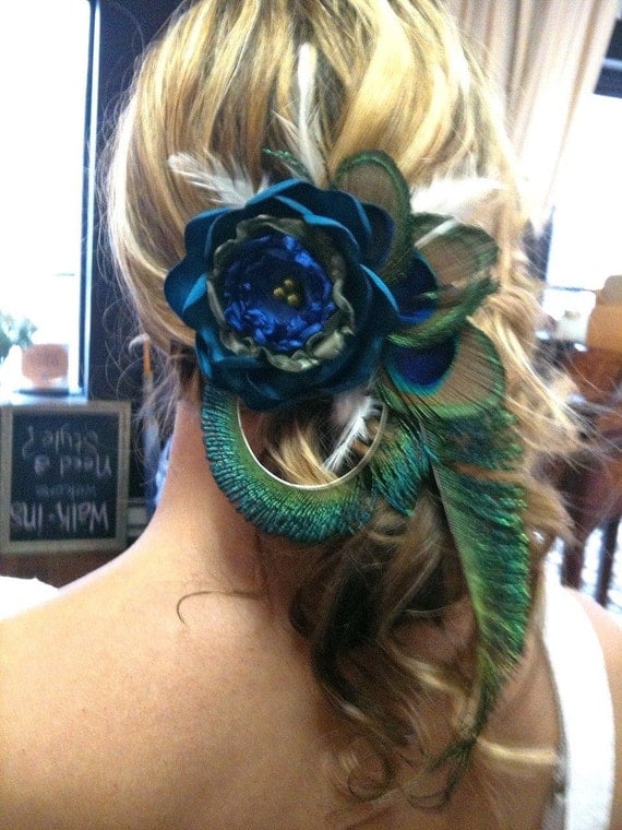 A Beautiful Peacock hair clip with large flower- 6 weeks delivery.